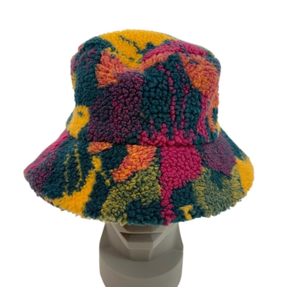 BP Nordstrom Women Multicolor Sherpa Fleece Bucket Hat Abstract Floral Fuzzy